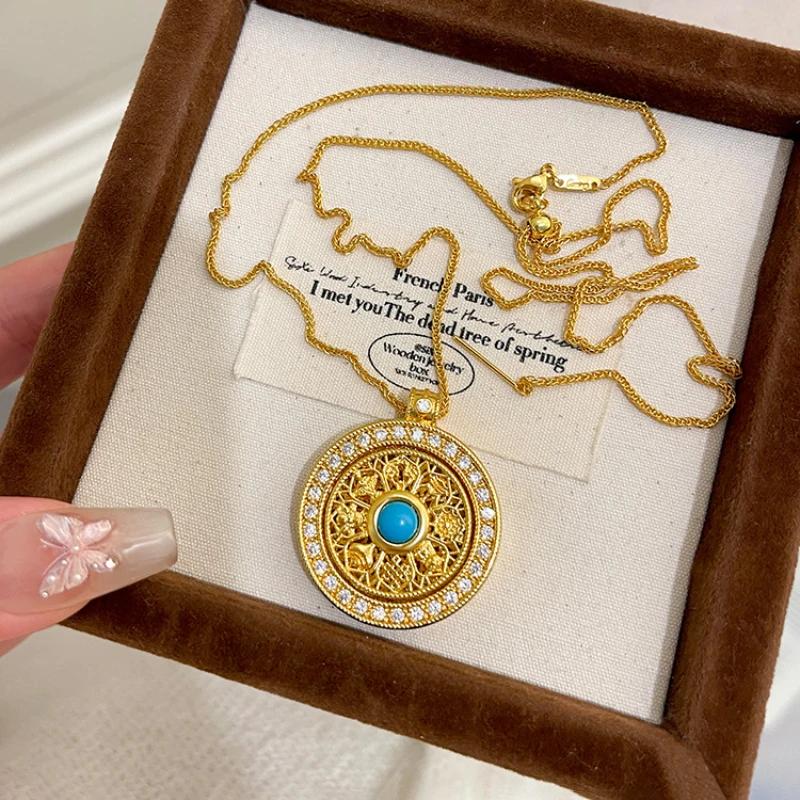 New in antique gold crafts round rotatable eight treasure compass necklace retro diamond inlaid turquoise collar chain jewelry