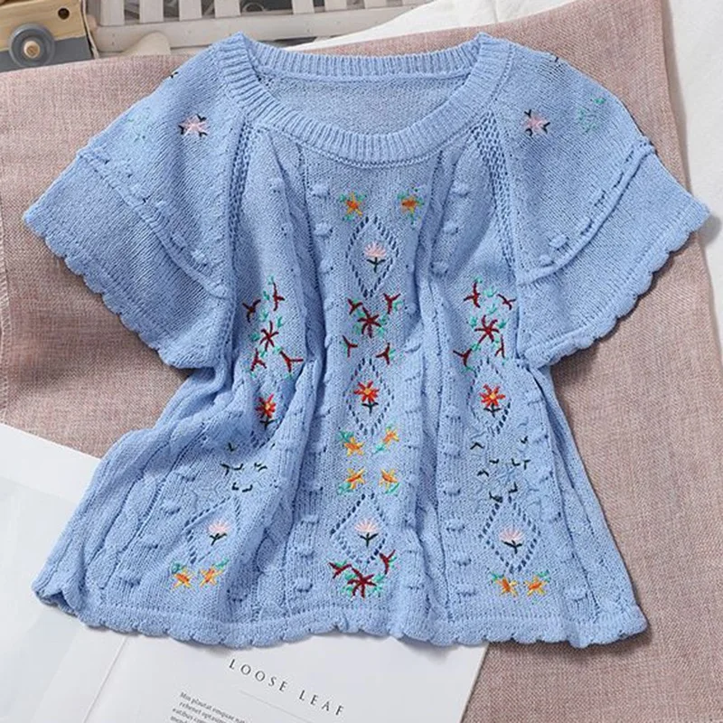 Round Neck Printed Embroidery Knit Sweater Women Summer Thin Short Sleeve Knit Top Wave Hem T-Shirt