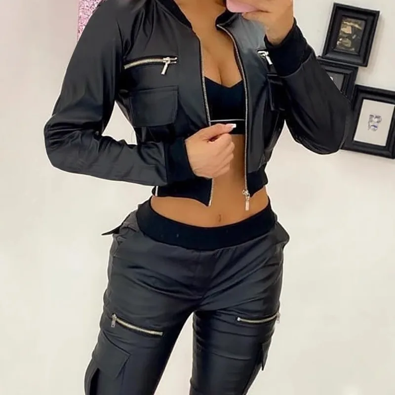 

New Coats and Jackets Zipper Pocket Design Long Sleeve O-Neck Jacket Black Fashion Slimming PU Short Styles Women Leather Jacket