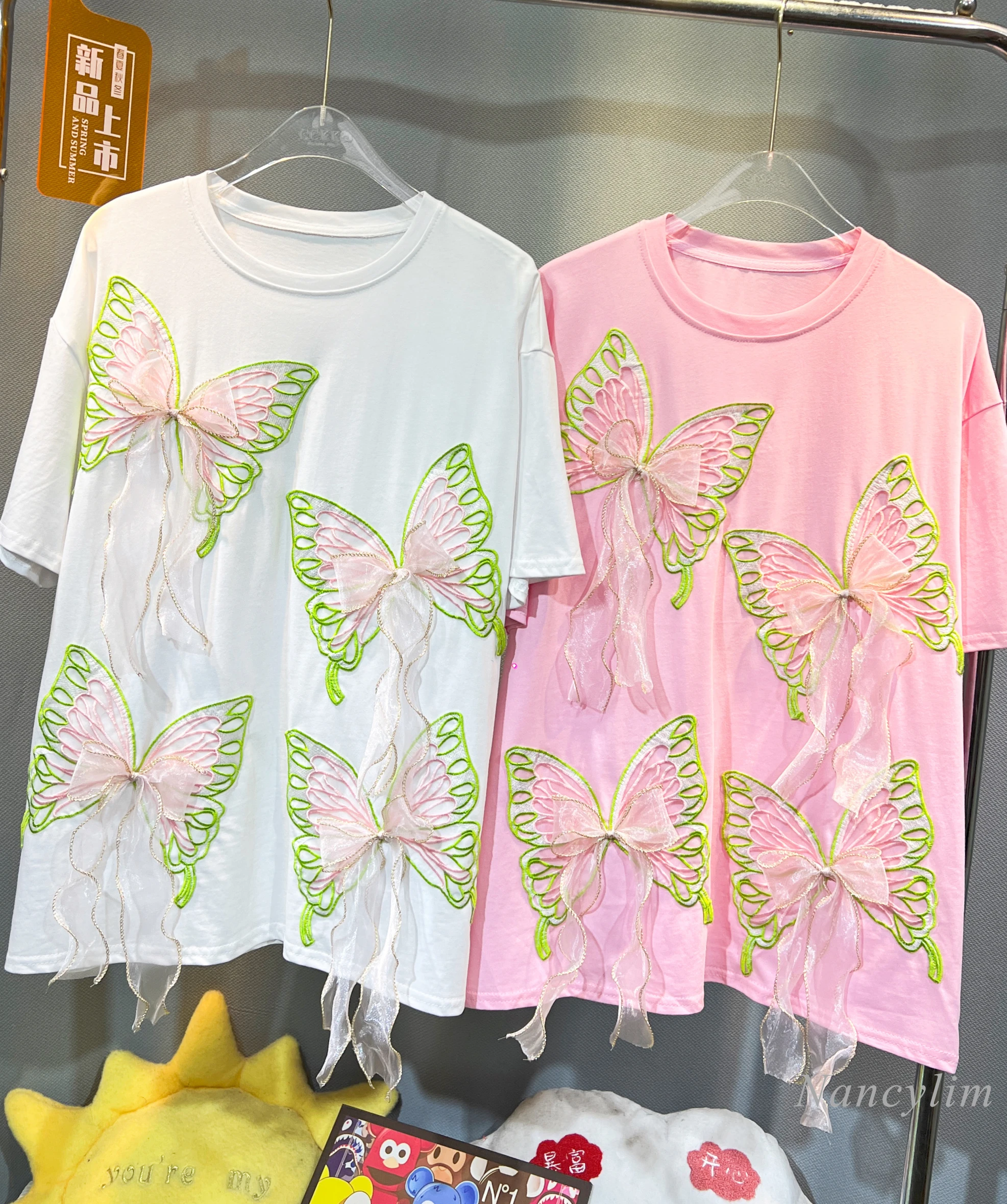 

European Heavy Embroidery T-Shirts Women's Fashion Butterfly Tassel Loose Crew Neck Top Long Slimming Short Sleeve Summer Tee