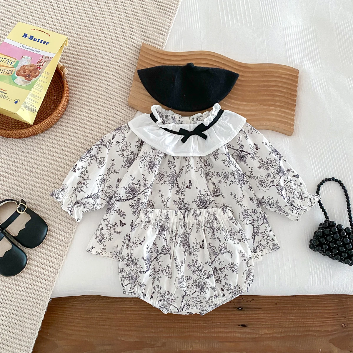 Autumn Baby Clothes Newborn Girls Fashion Chinese Ink Painting Style Long Sleeves Frilled Collar Tops + Shorts 2Pcs 0-2yrs