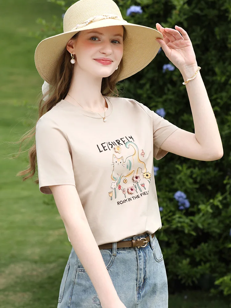 أعتقد أنك المرأة الكاكي لطيف القط تي شيرت مطبوع 2025 الصيف كول القطن تيز الجولة الرقبة مريحة بلايز عادية 2252015998