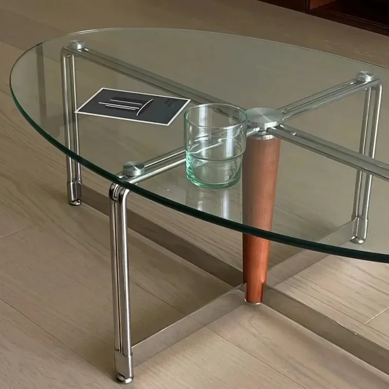 

Nordic retro glass coffee table tempered oval coffee table stainless steel