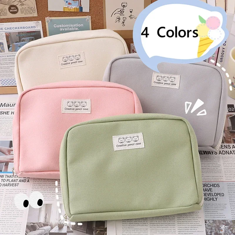 Kawaii Large Capacity Pencil Bags Durable Canvas for Student Cute Korean Girl Pencil Case School Supplies Stationery Storage Bag