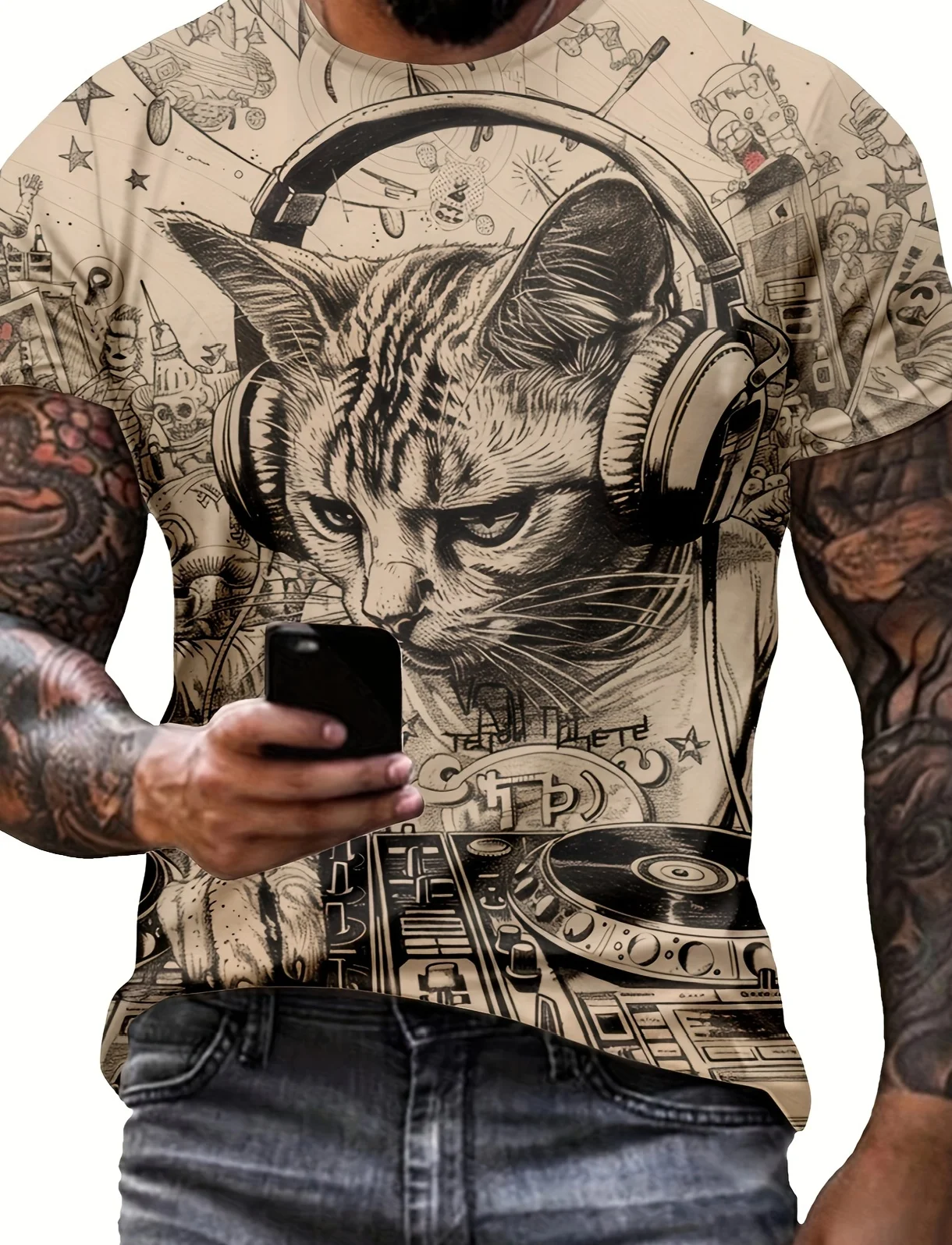 Street Casual DJ Cat Graphic T-Shirt - Unique Design, A Summer Essential Perfect for Street Style and Gym Wear