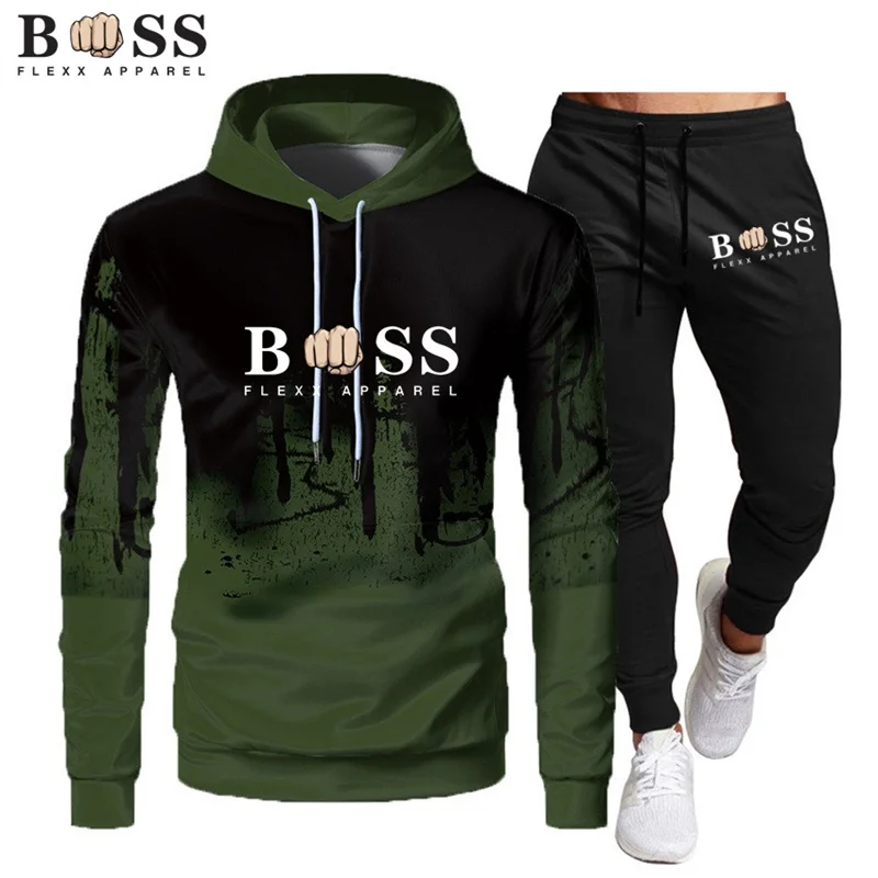 2023 Men\'s Printed Autumn Winter Hoodie and Pants Suit Sportswear Casual Slim Fit Men\'s Sports Shirt Jogging Sportswear