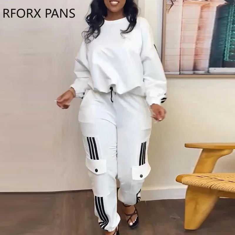 Women Chic Round Neck Multi Pockets Side Striped Sweatshirt Pants Sets