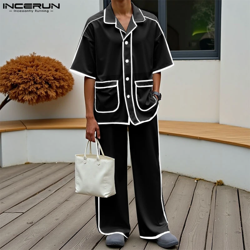 INCERUN Мужские комплекты Лоскутная рубашка с короткими рукавами и брюки Комплекты из двух предметов Уличная одежда Свободные модные мужские повседневные костюмы 2025 года S-5XL
