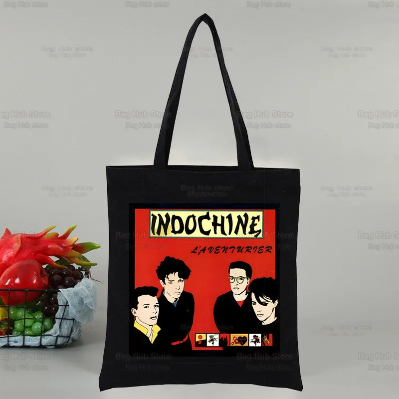 Indochine-Pop Rock Sacola de Compras, Impressão Onda Banda Francesa, Branco Unisex Viagem Canvas Bags, Design de Moda, Preto