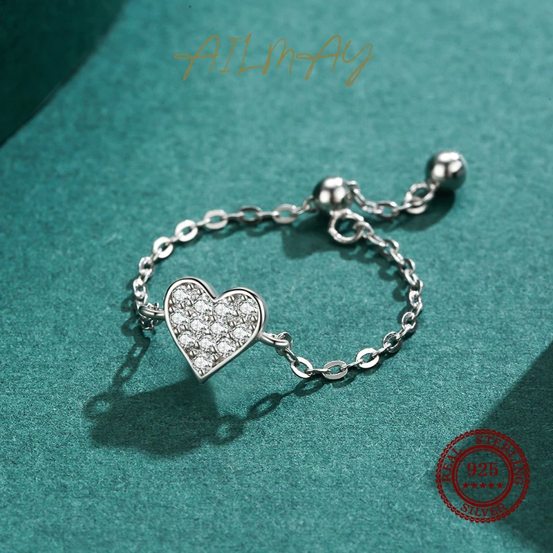 Ailmay 925 Sterling Silver Stackable Clear CZ Adjustable Heart Chain Rings For Women Classic Wedding Statement Jewelry