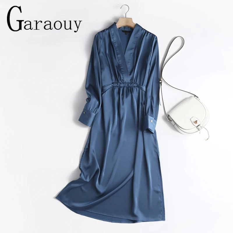 Garaouy 2022 Spring Fashion Women Elegant Blue Satin Dress Long Sleeve Office Ladies Midi Dresses With Slash Robe Female Mujer