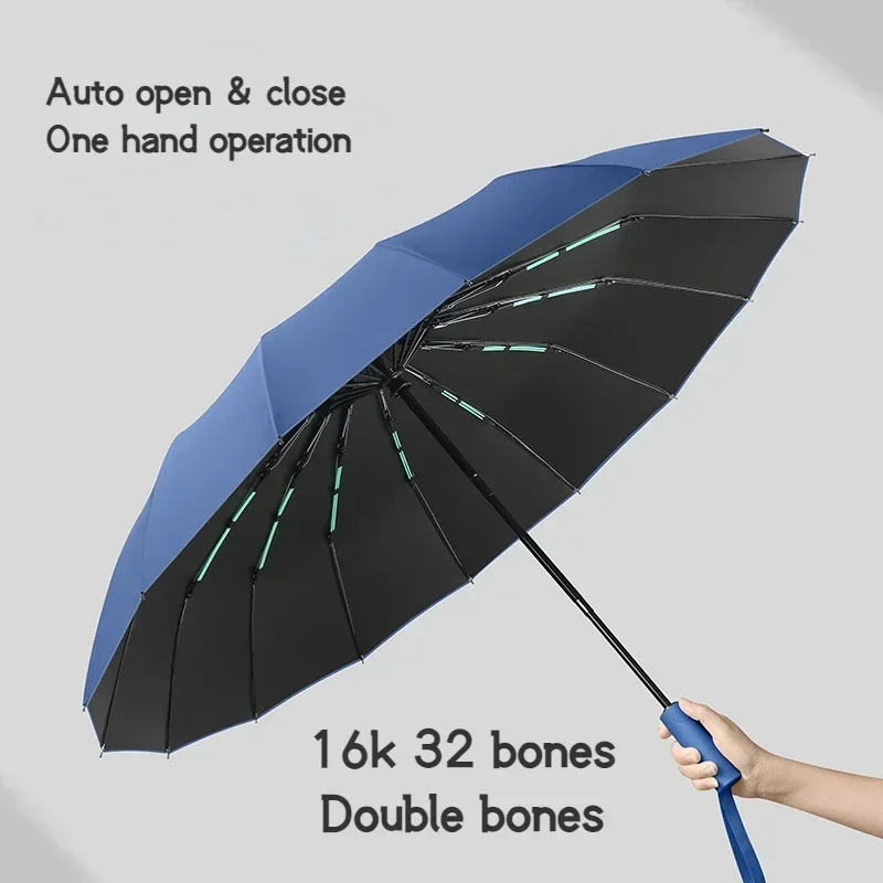 16 Ribs 32 Bones Strong Windproof Automatic Sun Rainy Folding Umbrella 16K Vinyl Cover UV Protect Black Sunscreen for Women Men