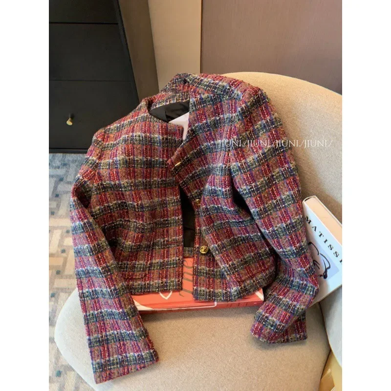 

Contrasting plaid tweed jacket Women's Autumn 2024 new design sense temperament ladies small fragrance woven top