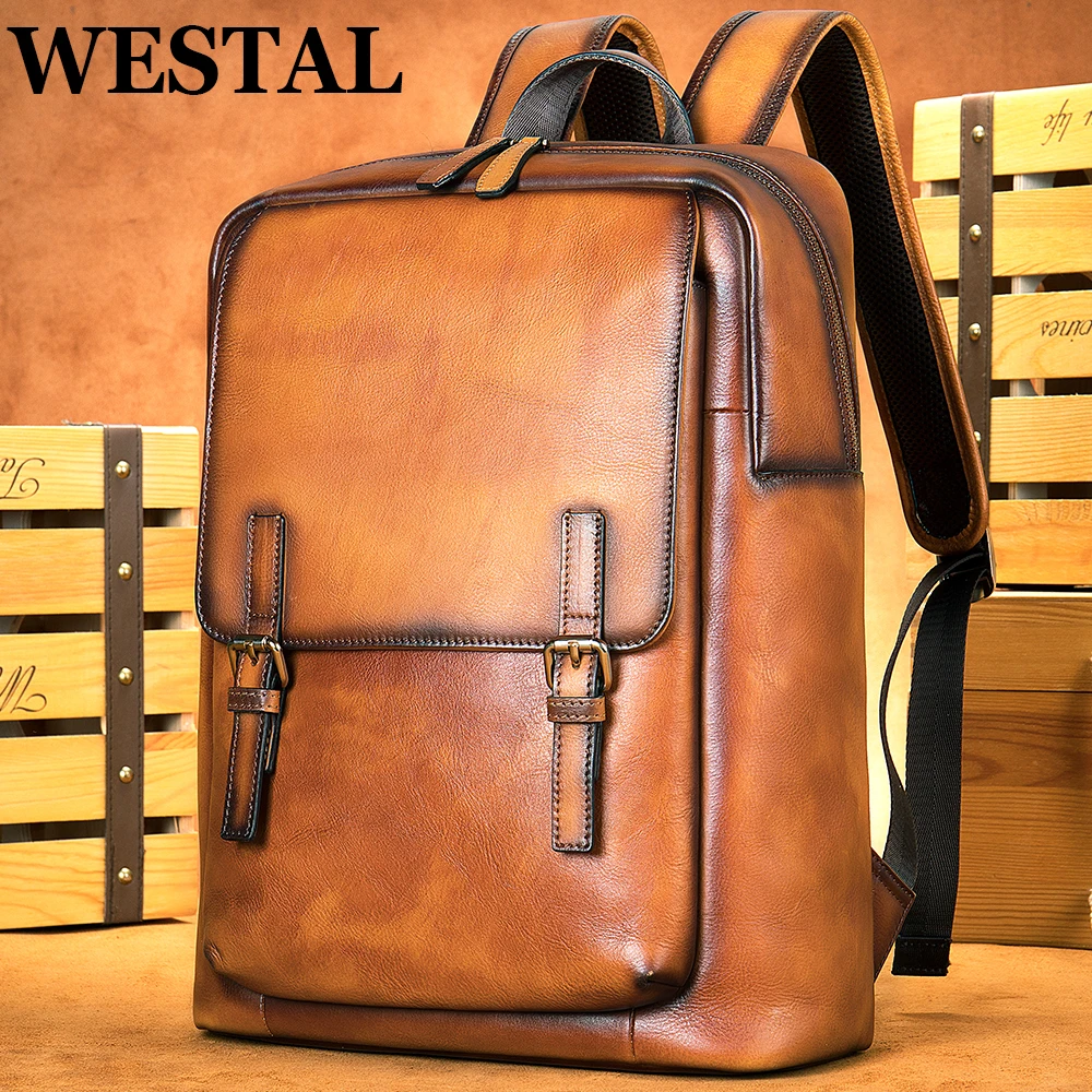 

WESTAL Genuine Leather Brown Men's Backpack 14 Inch Laptop Bag Fashion Casual Schoolbag Daypack Rucksack Travel Bag Sports 2247