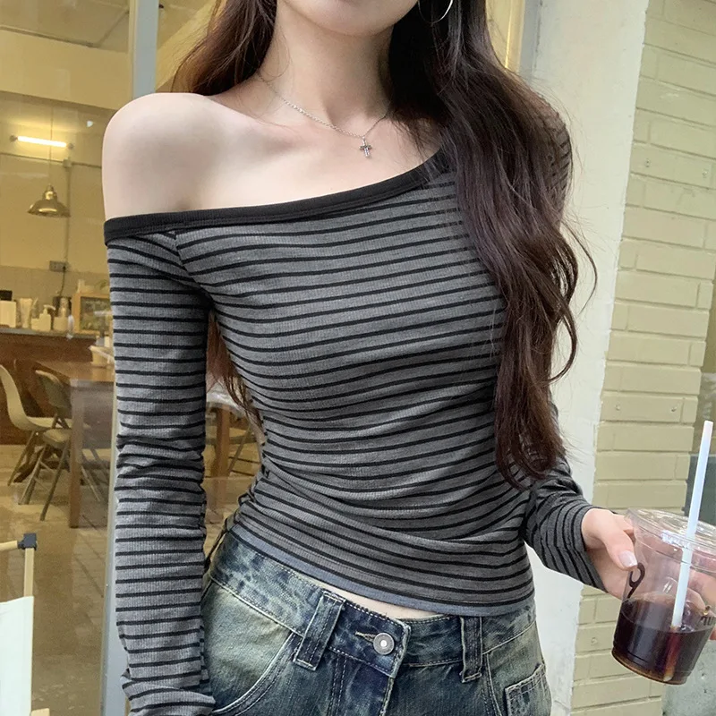 

Women's T-shirt Sexy y2k Spring Autumn Full Sleeves Chic Slanted Collar One-shoulder Slim Shirt Woman Clothing Tee Costume