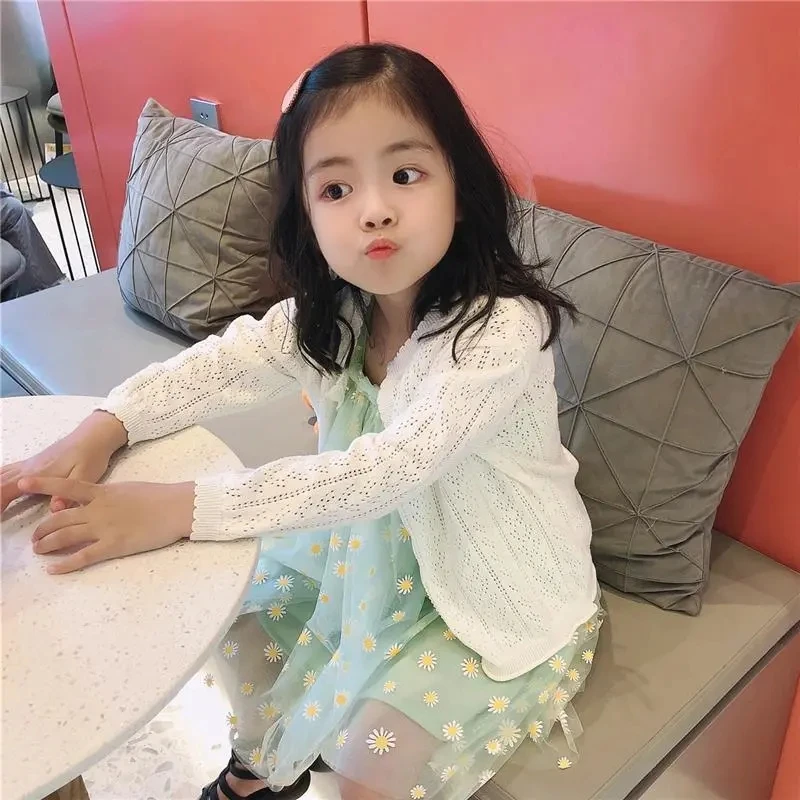 Baby Girls Summer Thin Cotton Knitted Cardigan Middle Small Children Solid Color Cutout Cardigan Coat Girl Sun Protection Coat