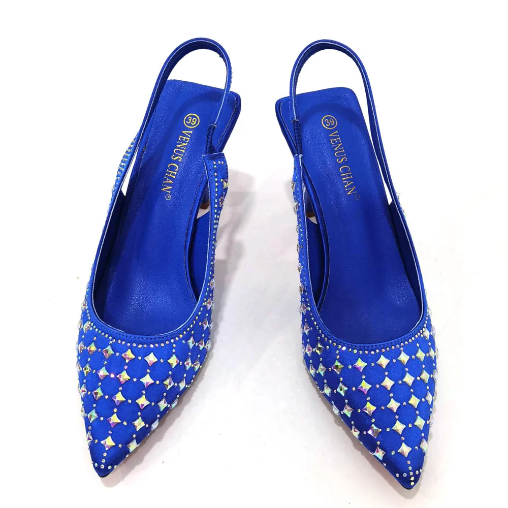 Italian Design Luxury Women\'s Shoes And Clutch Blue Color Full Diamond Decoration Metal Closure Bag for Wedding Party