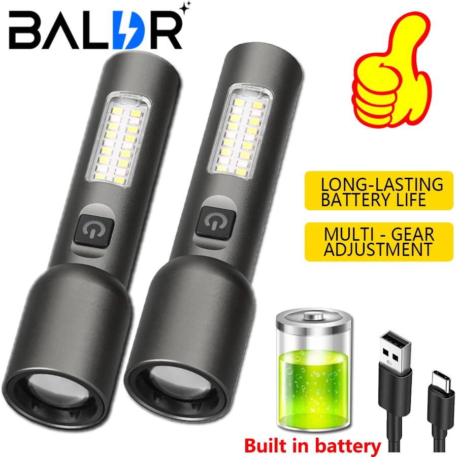 LED COB Portable Flashlight Built-in Battery, Rechargeable Zoom Work Light, Portable Waterproof Camping Emergency Distress Light