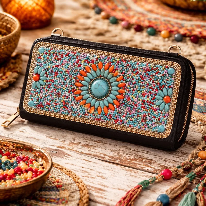 Hand-Beaded Crossbody Wallet for Women Bohemian PU Leather Zip Around Long Purse with Adjustable Shoulder Strap
