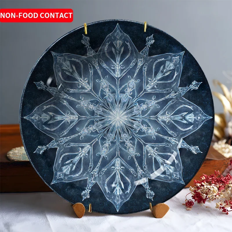 1pc Elegant Snowflake Decorative Plate - Navy Blue & Clear Ceramic Tabletop Decor, Non-Food Contact Safe Centerpiece for