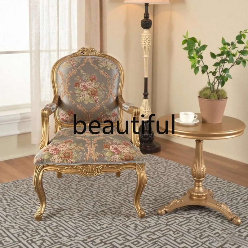 

Solid wood fabric, dining book chair, old villa carved leisure armrest, dressing chair