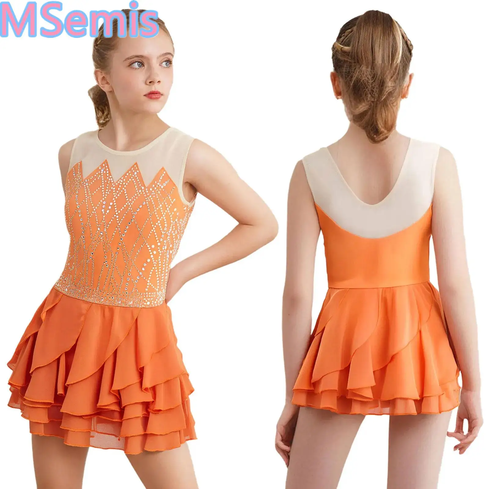 

Kids Girls Figure Skating Dance Dress Round Neck Sleeveless Shiny Rhinestones Tiered Ruffled Dress for Dancewear
