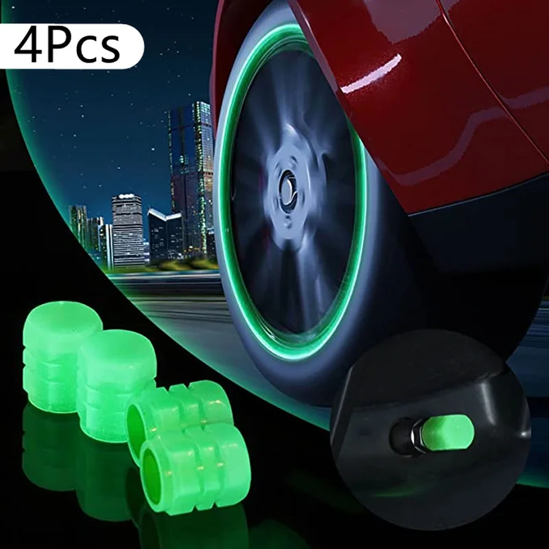 1/4 Uds. Tapas de válvula de neumático brillantes, cubierta de válvula de rueda de coche luminosa, decoración para coche, camión, motocicleta, bicicleta, tapa de válvula fluorescente