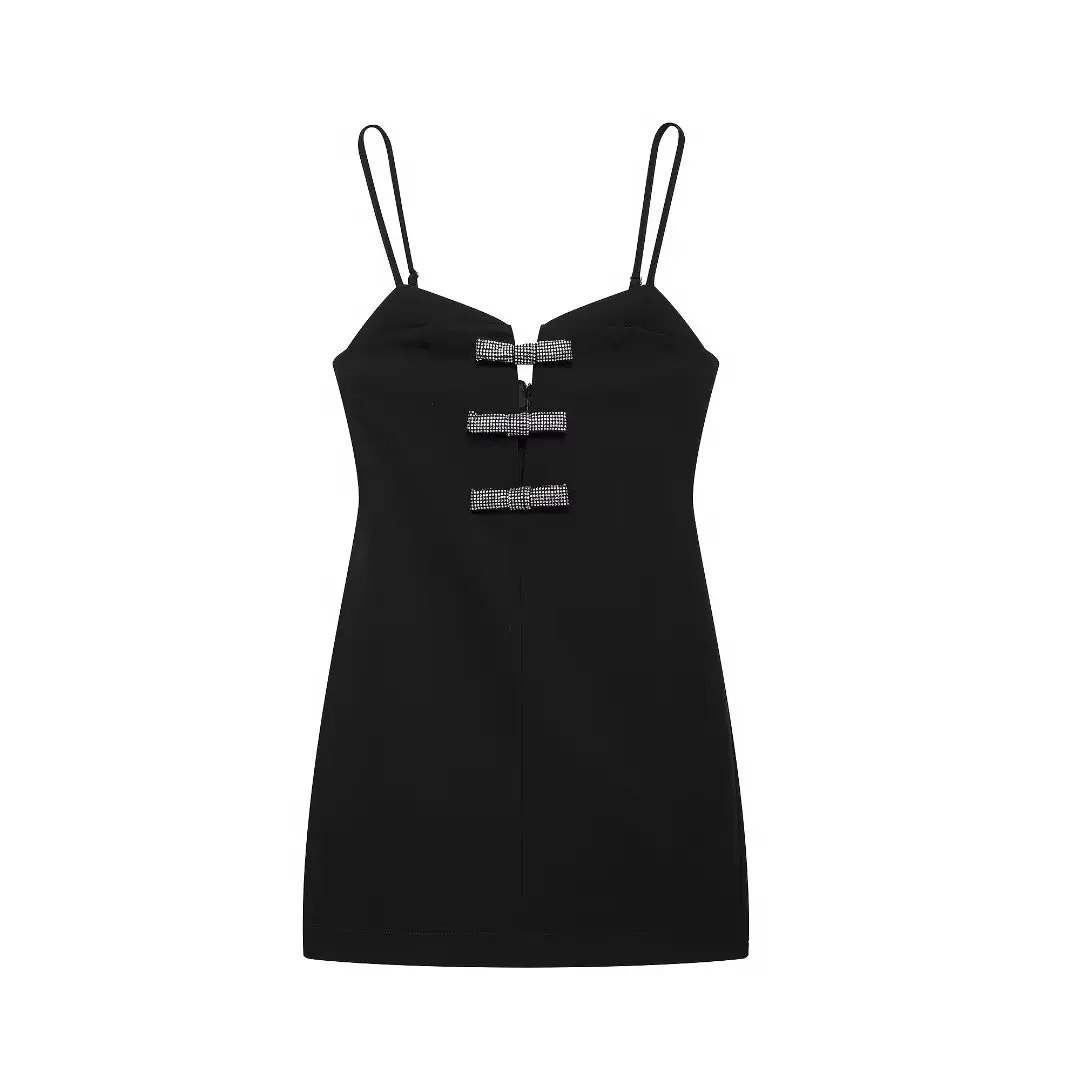 Tangada 2024 Fashion Women Black Beading Bow Tank Dress Female Sexy Dresses BE0232