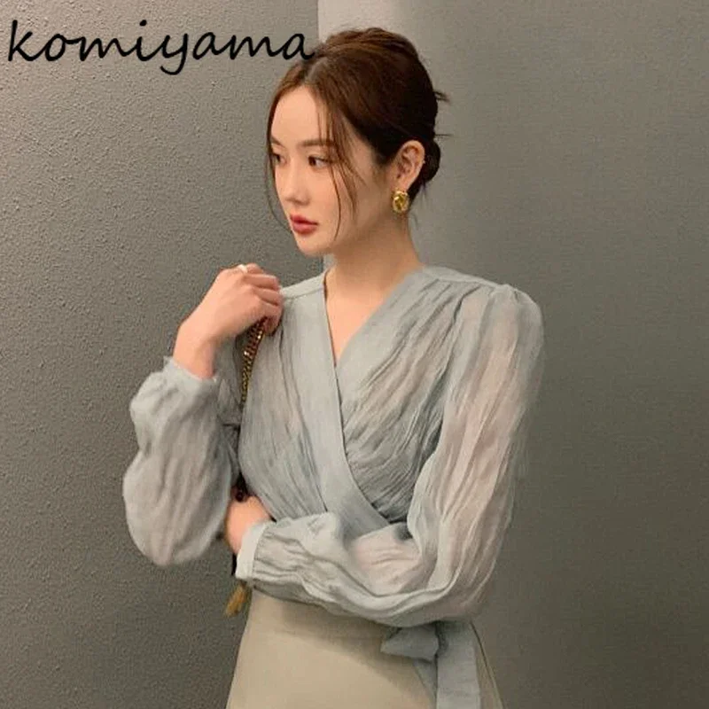 Komiyama V Neck Ruched Blusas Mujer Lace Up Tunic Shirts Blouses Spring Puff Long Sleeve Camisas Aesthetic Fashion Shirt Tops