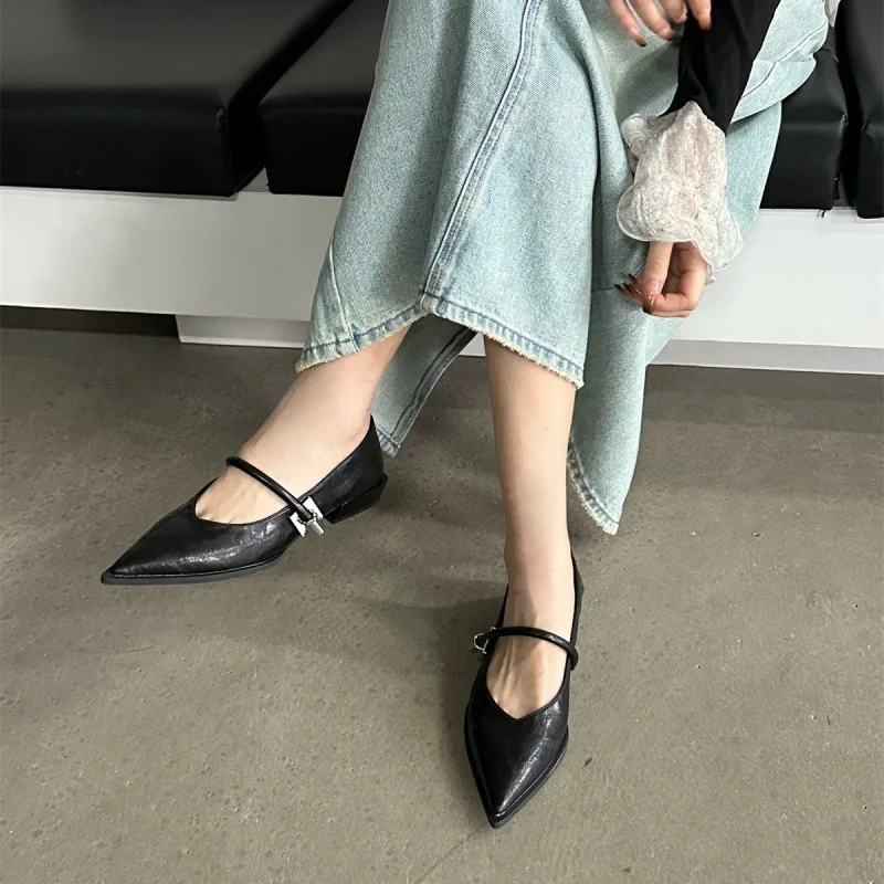 Casual Woman Shoe Autumn Modis Low Heels Female Footwear Pointed Toe All-Match Metal Chain New On Heels Fall 2024 Dress Buckle S