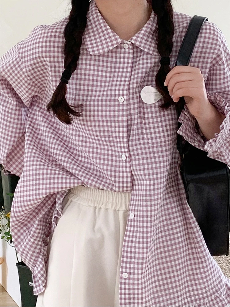 

Hey an Nai Nai Spring Plaid Long Sve Women's irt Japanese Sweet Fre College Sle Design Sense Top Cotton 00%