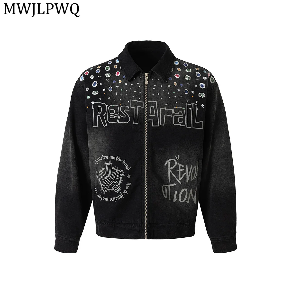 

MWJLPWQ Men's American Style Vintage Jacket Printed Deisgn Lapel Long Sleeve Streetwear Trendy Washed Coat 2025 Autumn New 21021