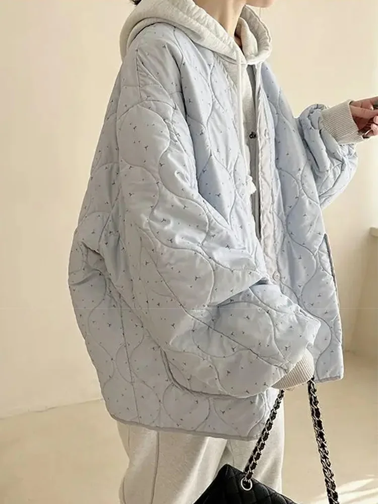 QWEEK Korean Fashion Padded Jacket Women Y2K Fairycore Winter Blue Parkas Oversize Floral Print Sweet Gentle Button Up Outerwear