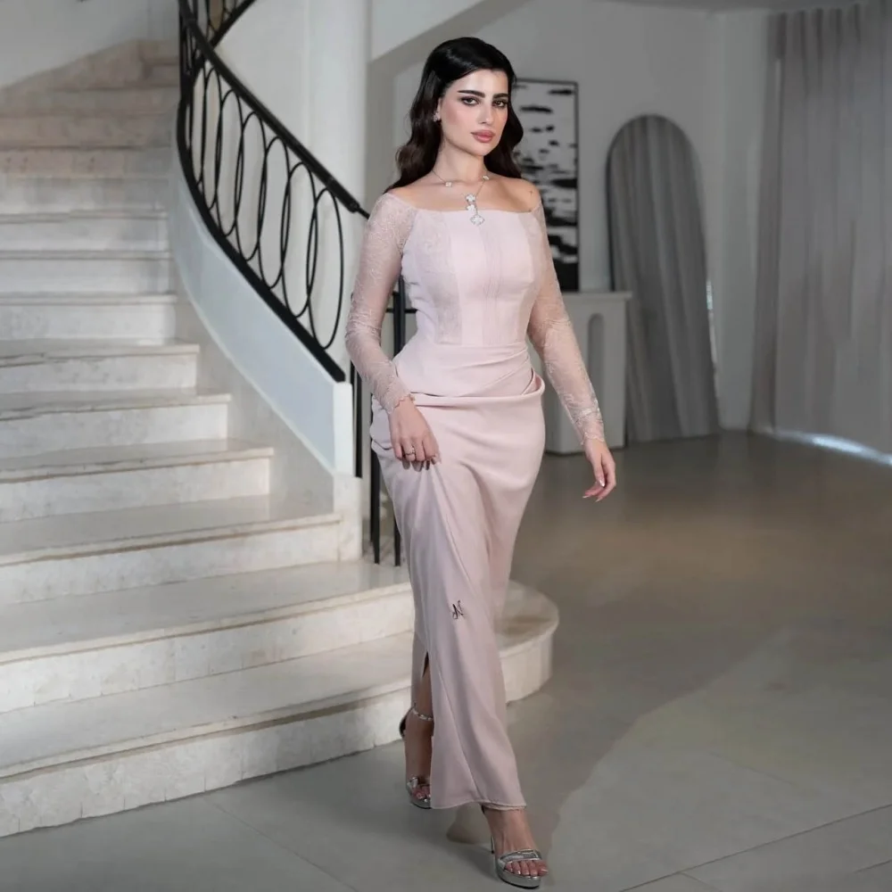 

Customized Exquisite Lace Applique Women Prom Dress Long Sleeve Charming Boat Neck Party Dress Sexy Mermaid Women Evening Gown