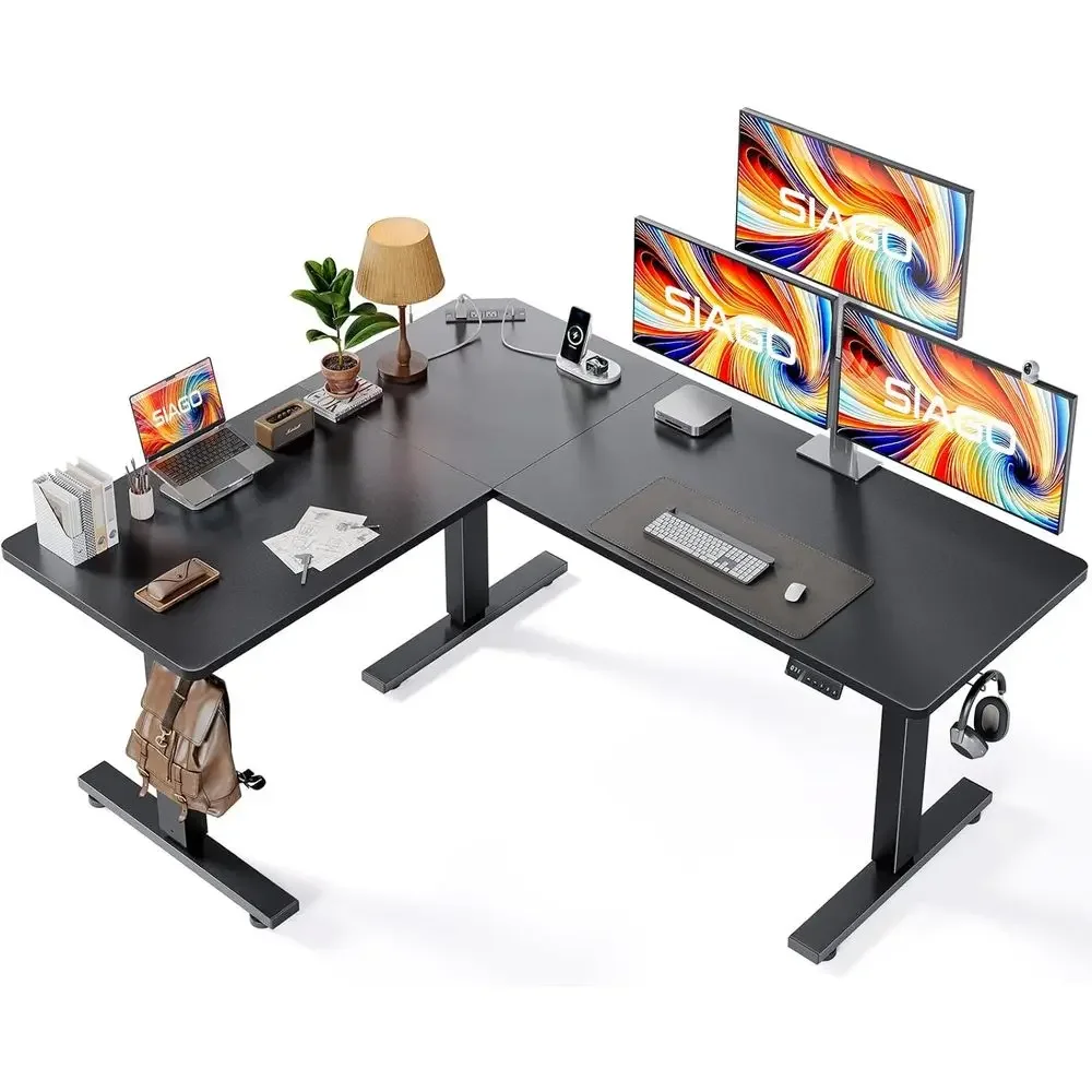 63 x 55 Inch L-Shaped Adjustable Standing Desk with Memory Controller and Charging Station for Home Office