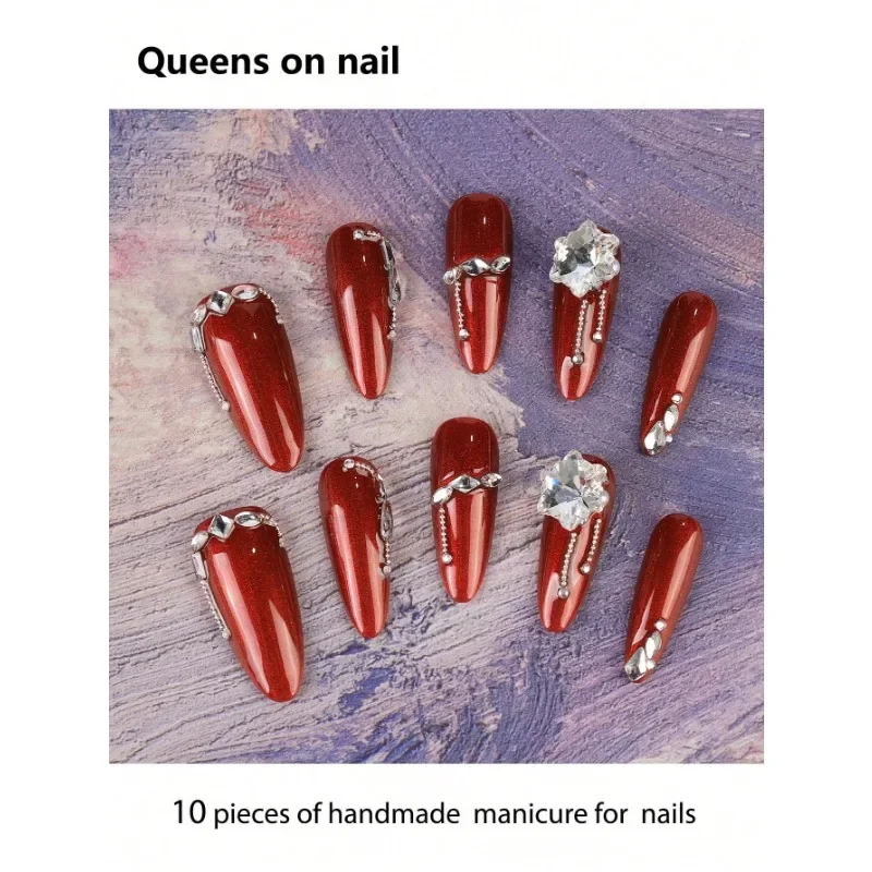 

10 Pieces Handmade Fake Nails, Ballet Style Fake Nails/Solid Color/Cat Eye Gradient/Metal Chain/Pearls