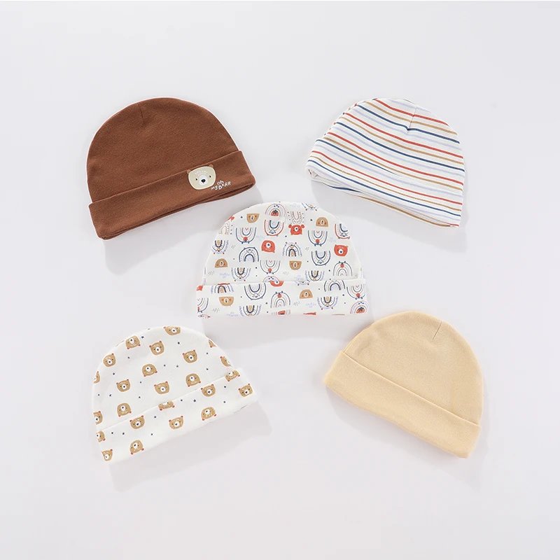 Fetchmous Unisex Newborn Cotton Baby Boy Hats 3/5Pieces 0-6Months Baby Girls Hats Cartoon Soft Infant Accessories Solid Color