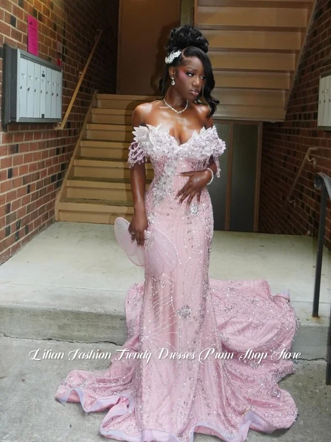 Baby Pink Glamorous Off-the-Shoulder Black Girl Wedding Dress Customized Luxury Gemstone Mermaid Wedding Gown Homecoming Dress