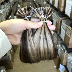 Highlights Brown Keratin Tip U Tip Hair Extensions Human Hair Straight Hot Fusion Human Hair Keratin Nail Tips Hair Extensions