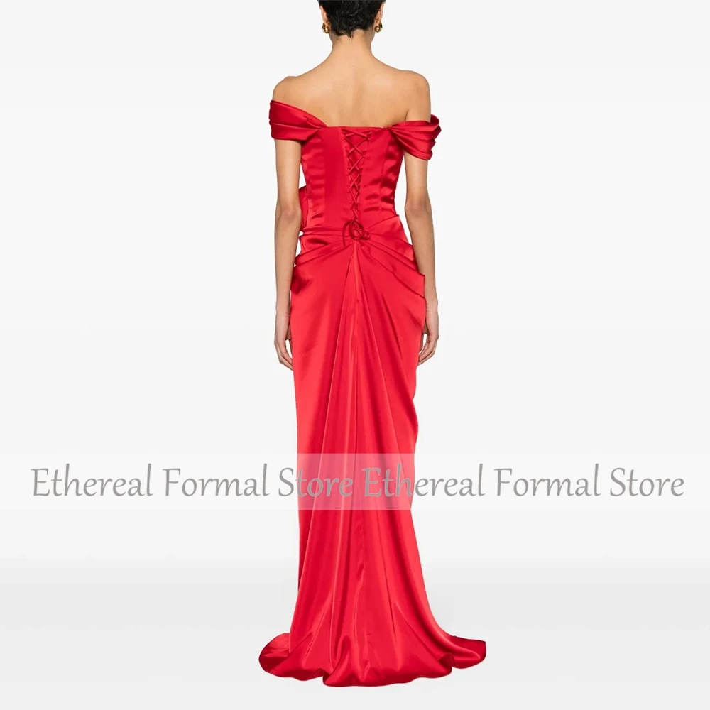 Rotes Satin-Abendkleid für die Hochzeit, bodenlanges formelles Partykleid, schulterfreies Kleid aus Saudi-Arabien, ärmelloses Ballkleid