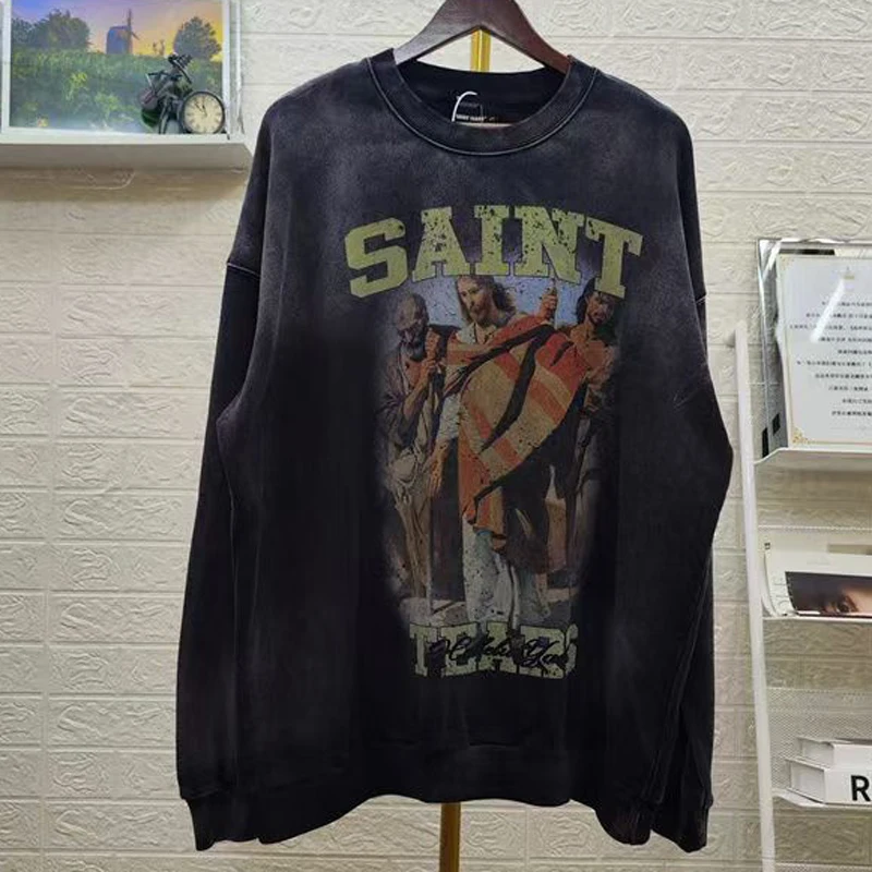 

High Street New Washed Do Old SAINT Толстовка с круглым вырезом Американская популярная мужская и женская свободная толстовка Saint