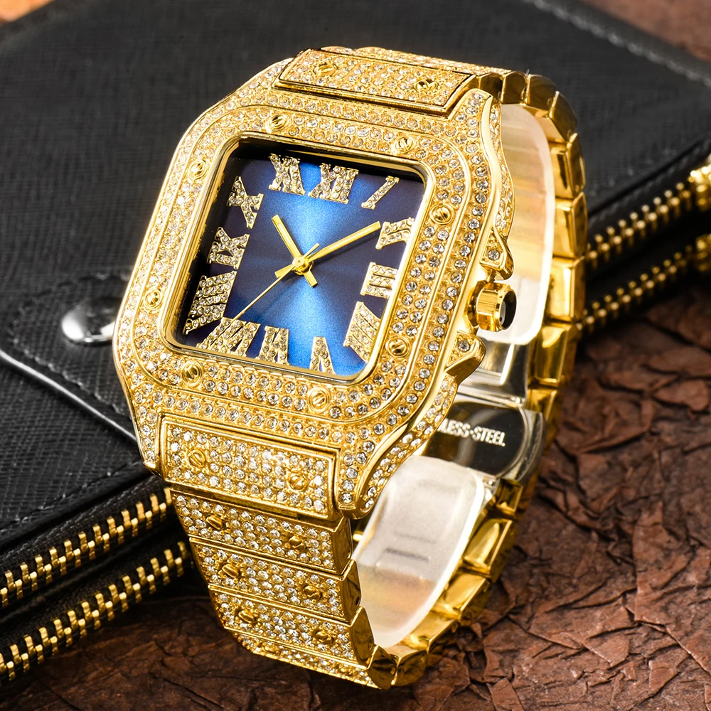 Ultrathin Fashion Crystal Male Watch Luxury Diamond Bracelet Wristwatch Square Full Ice Out Bling Watches For Men Hip Hop Rapper