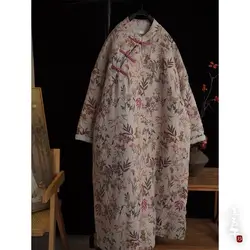 Retro Ramie Printed Slant Breasted Quilted Dress For Women Mid Length Cotton Clothes Winter Chinese Zen Warm Robe Jacket a456