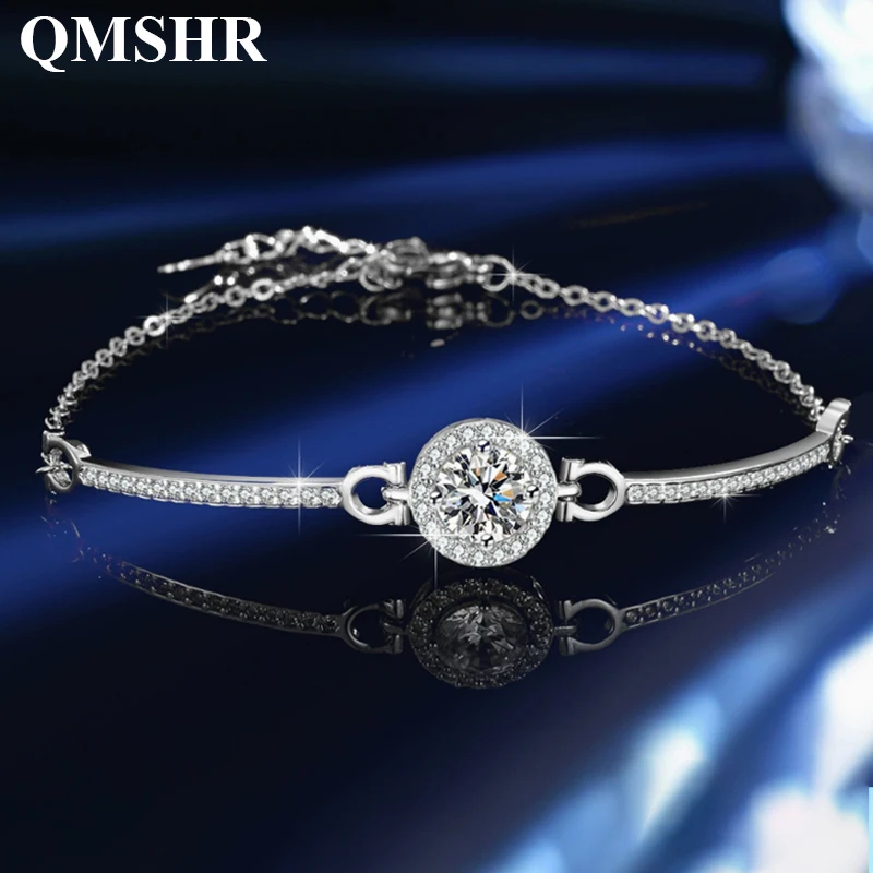 

QMSHR 1CT VVS1 D Color Moissanite Bracelet for Women, S925 Sterling Silver, 18K White Gold Plated, Luxury Adjustable Gift
