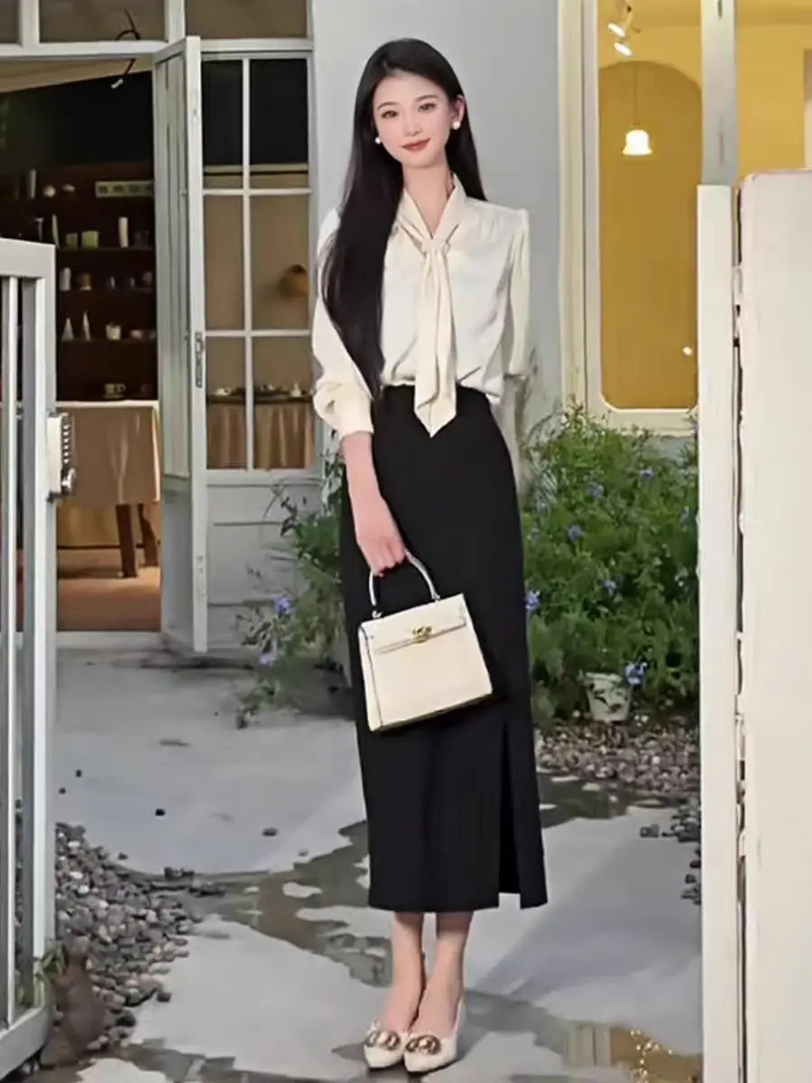 2025 Fashion Satin Blouse Women Tops Office Ladies Long Sleeve White Elegant Female Shirts With Tie V Neck Loose Clothing New