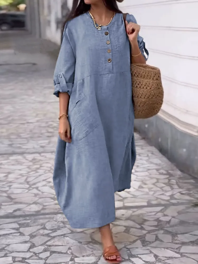 

Fashion Casual Loose O Neck Double Sided Pocket Women's Dresses 2025 Spring Summer New Solid Color Simple Female Vacation Dress