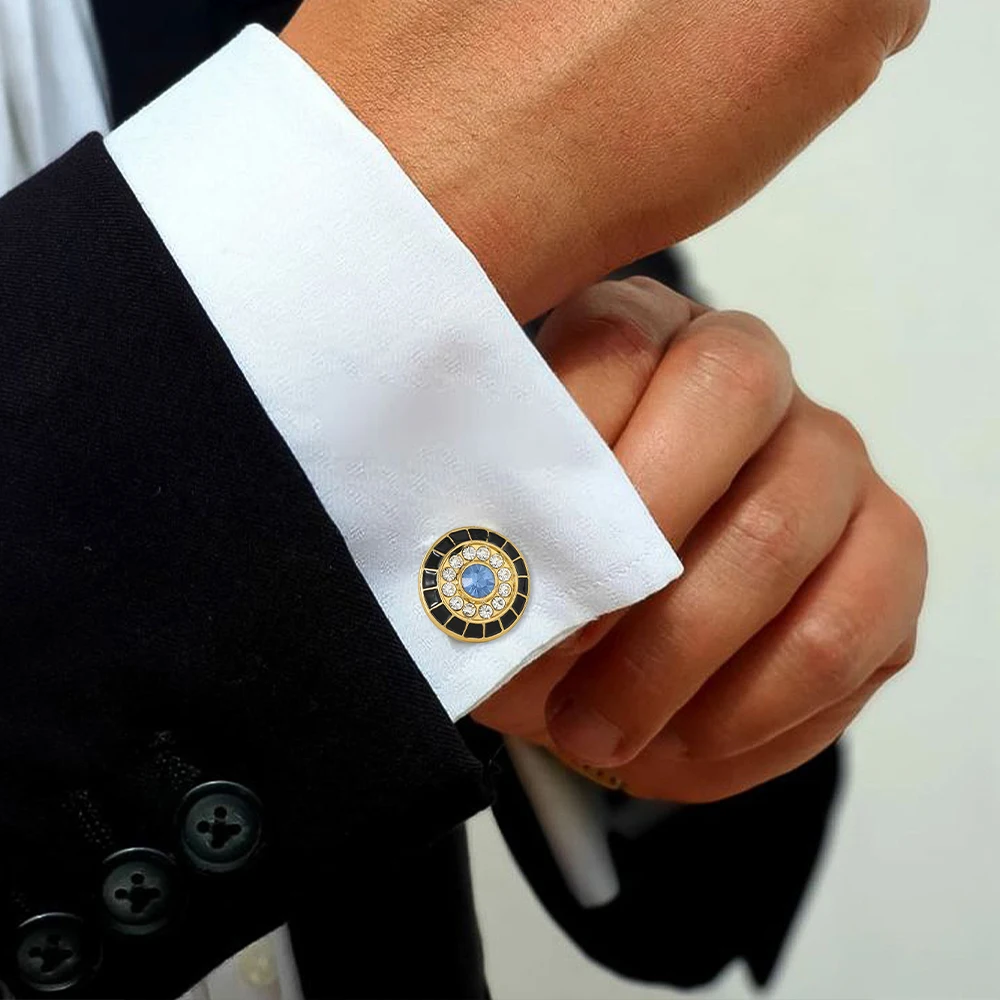 Luxury Blue Crystal And Black Enamel Design Round Cufflinks Mens Formal Party Business Tuxedo Shirts Golden Cuff Button