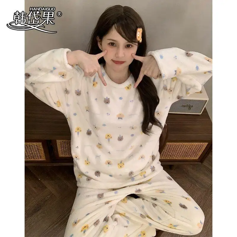 

Home Clothes Long Sleeved Pants Fashion Homewear Women's Flannel Pajamas With Thickened Fleece for Autumn and Winter Warm Suit