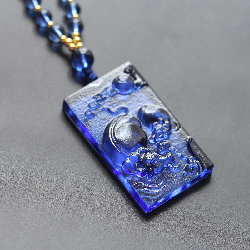 Chinese Style Lucky Ox Zodiac Carved Square Pendant Necklace 108 Blue Liuli Beads Feng Shui Blessing Wealth Attracting Good Luck