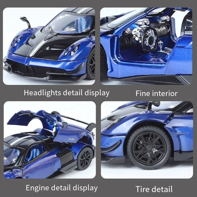 KMM 1/24 Spray Huayra supercoche aleación miniatura modelo sonido luz tirar hacia atrás chico regalo de cumpleaños caja exquisita recoger val